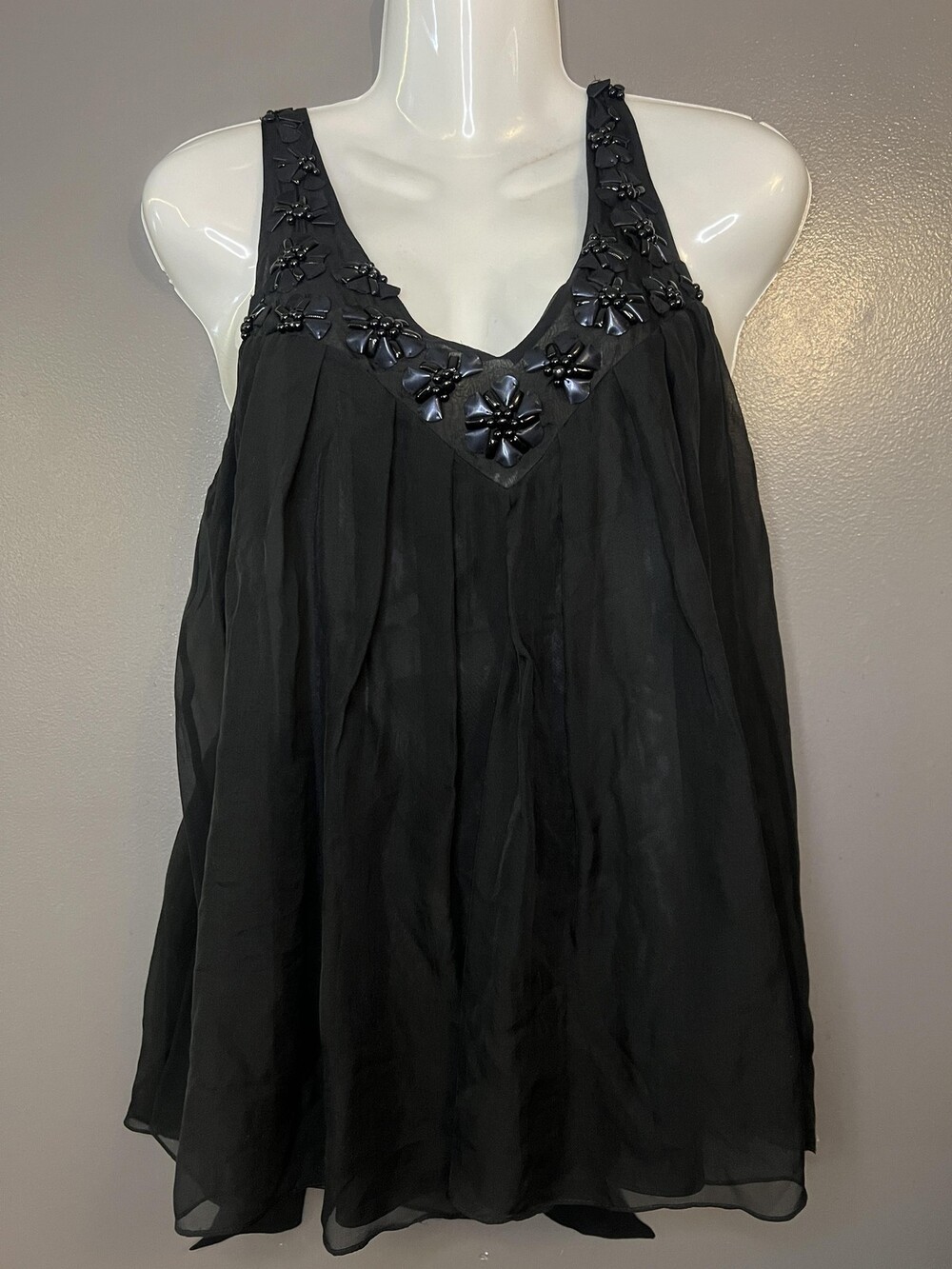 Rebecca Taylor Shirt Womens 6 Black Silk Beaded Embellished Flowy Tank Top